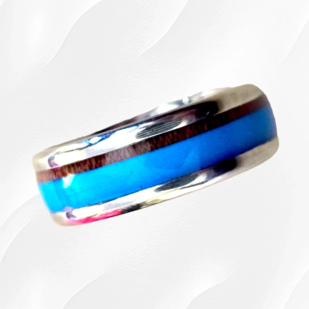 Turquoise Wood Pattern Band Inlay Stainless Steel Fashion Ring Size 11